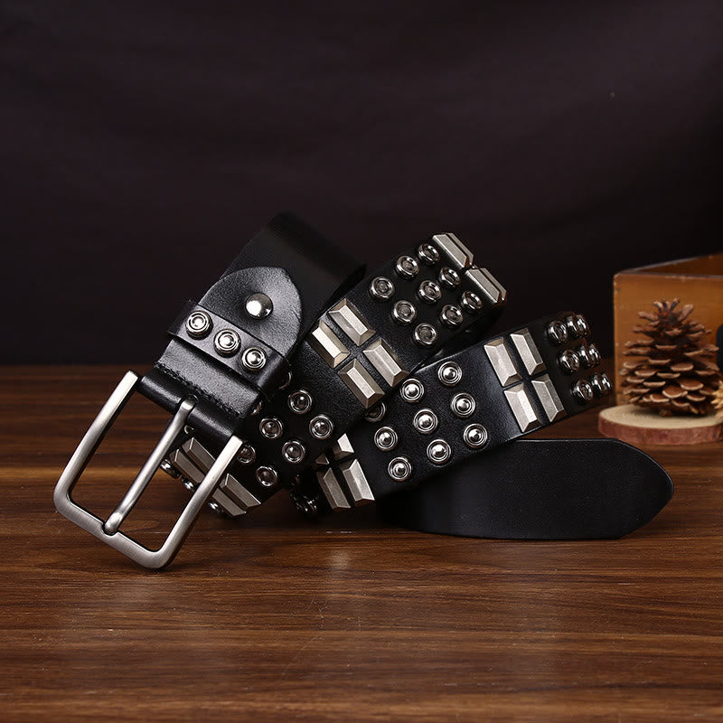 Cinturón de cuero premium vanguardista con detalles geométricos y tachuelas redondas - Negro - 44 - image 0