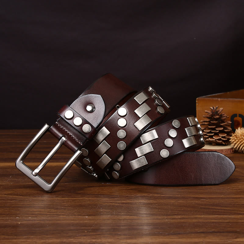 Cinturón de cuero premium con detalles metálicos cuadrados y circulares - Marrón - 44 - image 3