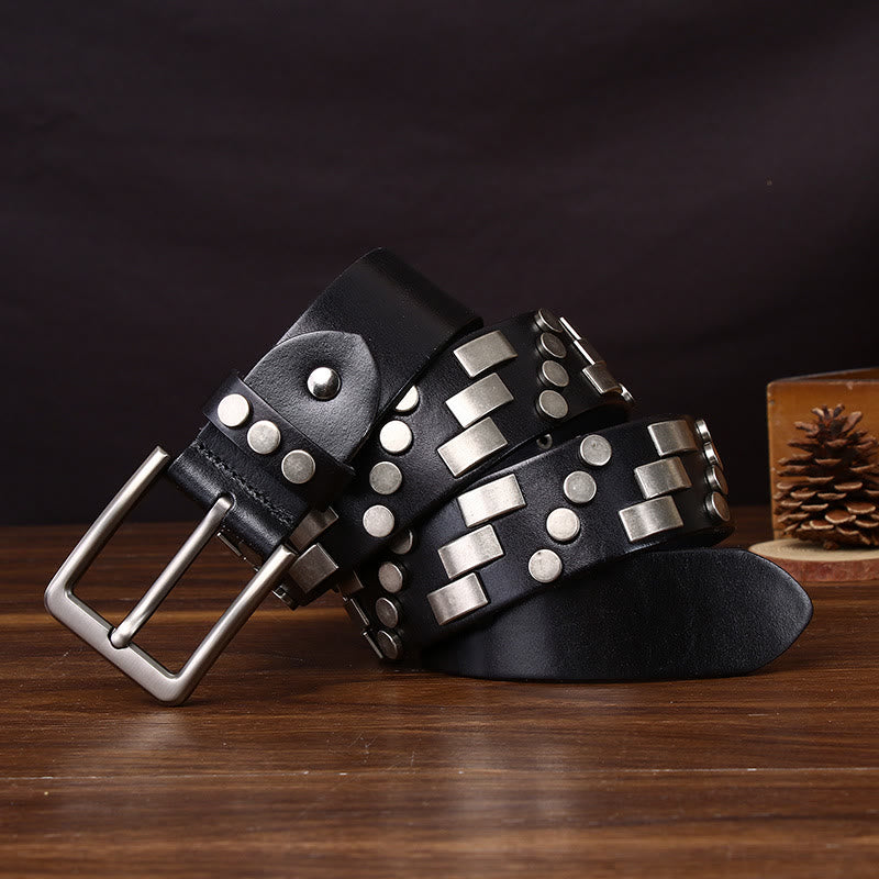 Cinturón de cuero premium con detalles metálicos cuadrados y circulares - Negro - 44 - image 0