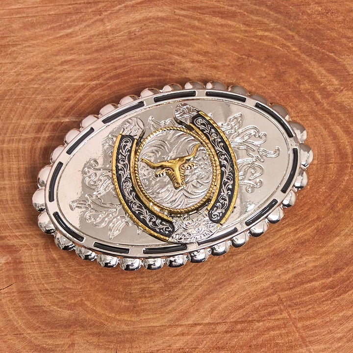 Cinturón de cuero con hebilla elíptica y cabeza de toro dorada tallada en plata para hombre - image 1