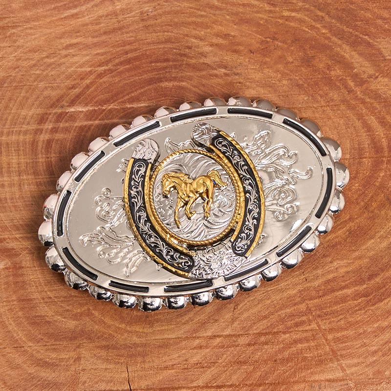 Cinturón de cuero con hebilla elíptica de caballo dorado tallado en plata estilo occidental para hombre - image 1