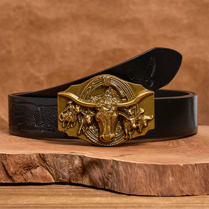Cinturón de cuero con hebilla de cabeza de toro dorada y plateada estilo western para hombre - Dorado - Cinturón de águila negra en relieve - 42 - image 4