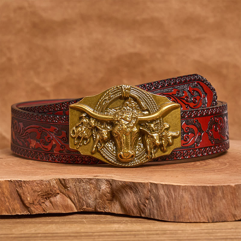 Cinturón de cuero con hebilla de cabeza de toro dorada y plateada estilo western para hombre - Dorado - Cinturón marrón tallado - 42 - image 12