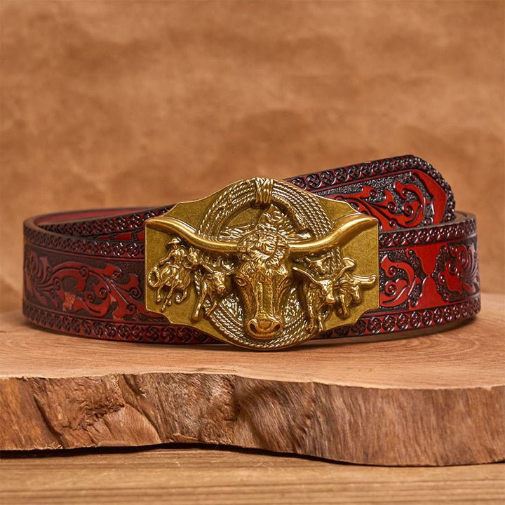 Cinturón de cuero con hebilla de cabeza de toro dorada y plateada estilo western para hombre - Dorado - Cinturón marrón tallado - 42 - image 12