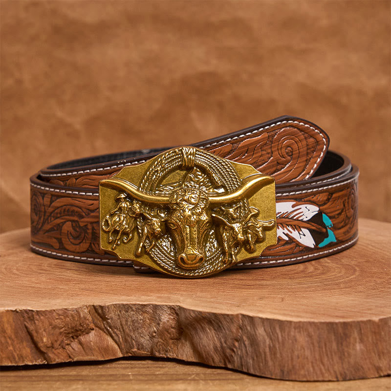 Cinturón de cuero con hebilla de cabeza de toro dorada y plateada estilo western para hombre - Dorado - Cinturón de plumas marrones - 40 - image 14