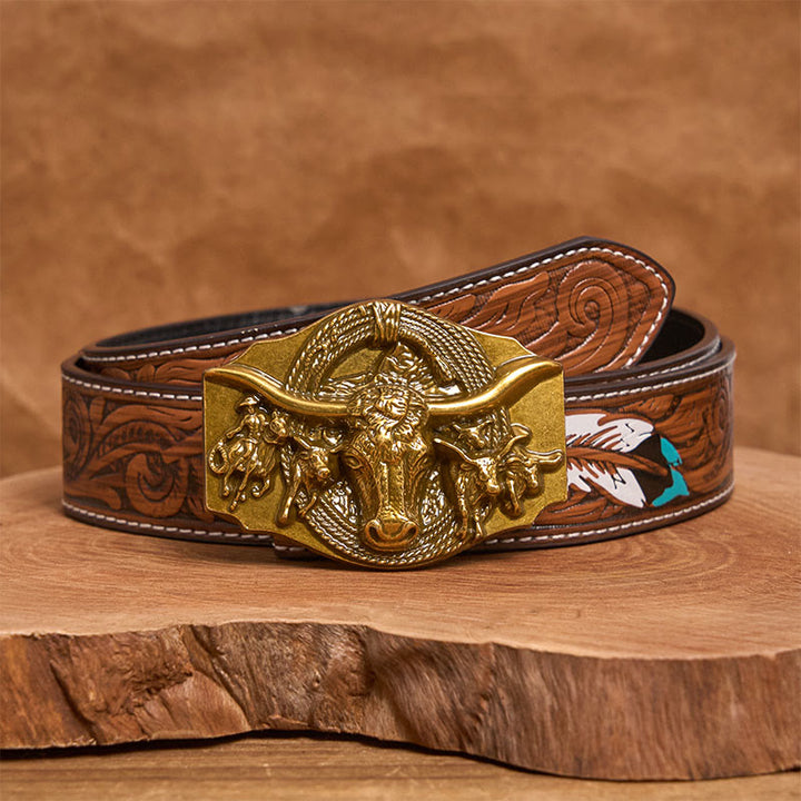 Cinturón de cuero con hebilla de cabeza de toro dorada y plateada estilo western para hombre - Dorado - Cinturón de plumas marrones - 40 - image 14