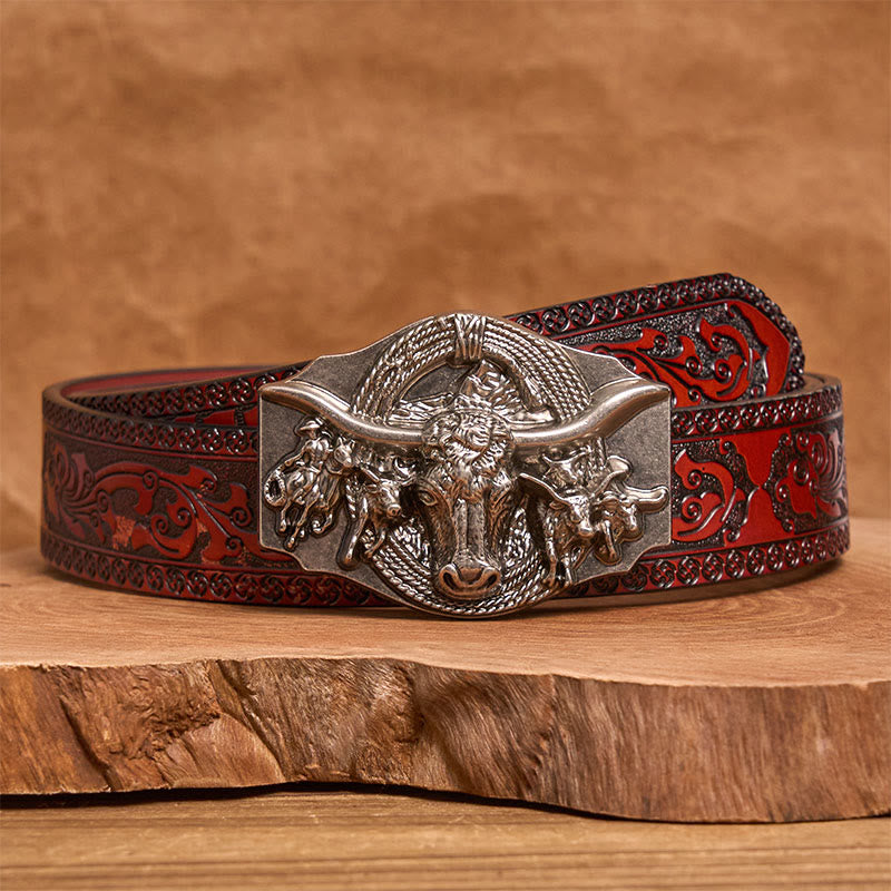 Cinturón de cuero con hebilla de cabeza de toro dorada y plateada estilo western para hombre - Plata - Cinturón marrón tallado - 42 - image 13