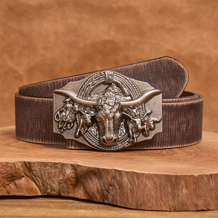 Cinturón de cuero con hebilla de cabeza de toro dorada y plateada estilo western para hombre - Plata - Cinturón marrón desgastado - 42 - image 11