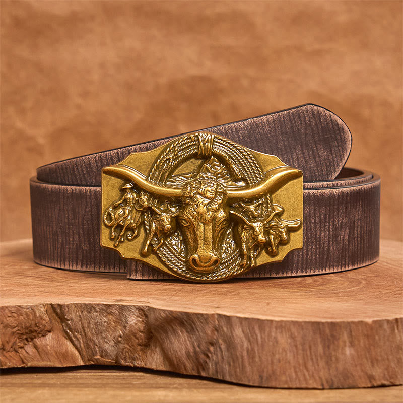 Cinturón de cuero con hebilla de cabeza de toro dorada y plateada estilo western para hombre - Dorado - Cinturón marrón desgastado - 42 - image 10