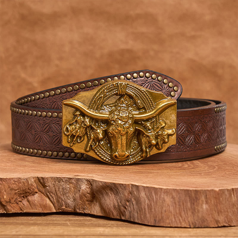 Cinturón de cuero con hebilla de cabeza de toro dorada y plateada estilo western para hombre - Dorado - Cinturón con remaches marrones - 42 - image 8