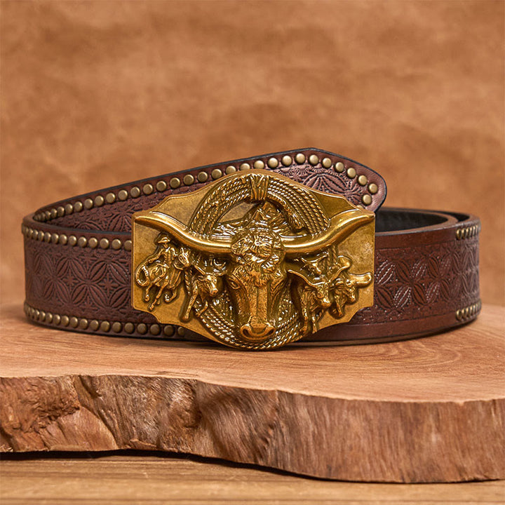 Cinturón de cuero con hebilla de cabeza de toro dorada y plateada estilo western para hombre - Dorado - Cinturón con remaches marrones - 42 - image 8