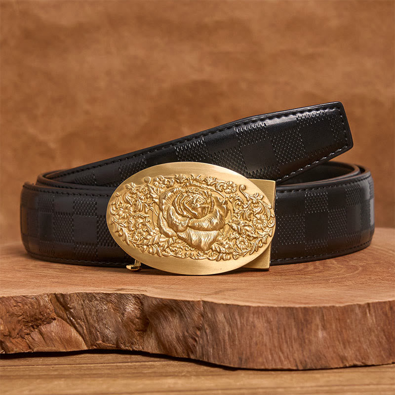 Cinturón de cuero con hebilla automática de metal ovalado en rosa dorada para hombre - Rosa dorada - Cinturón negro con estampado de cuadros (40) - image 6