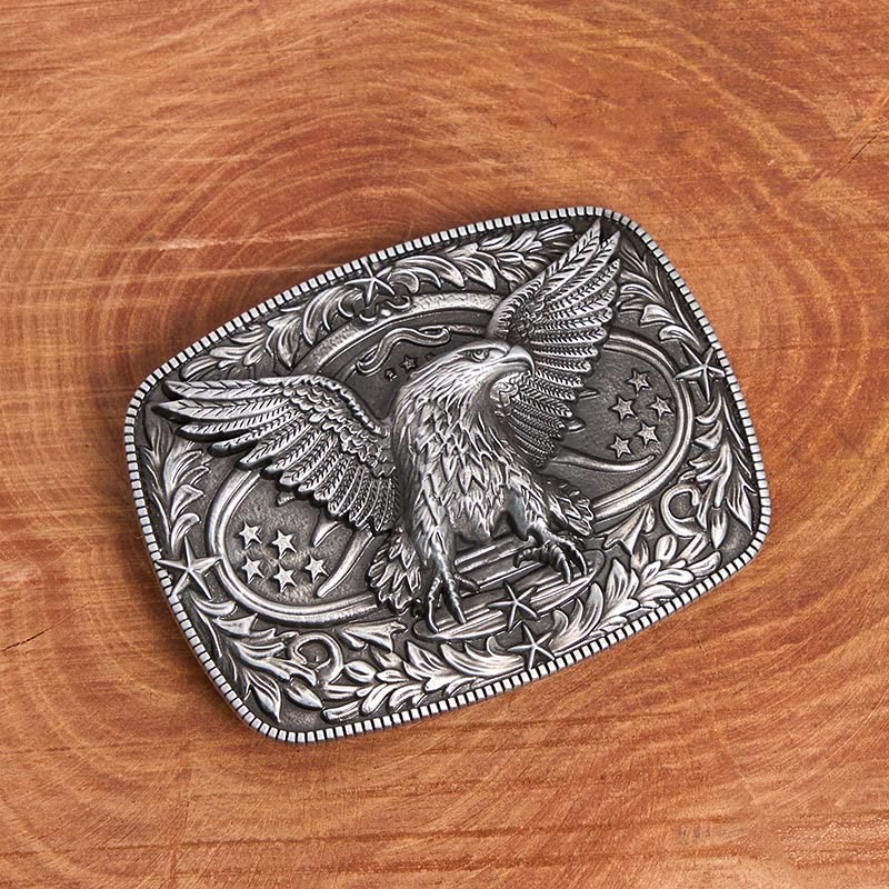 Cinturón de cuero con hebilla de águila 3D de bronce vintage para hombre - Plata - Sin cinturón - Cinturón no incluido - image 1