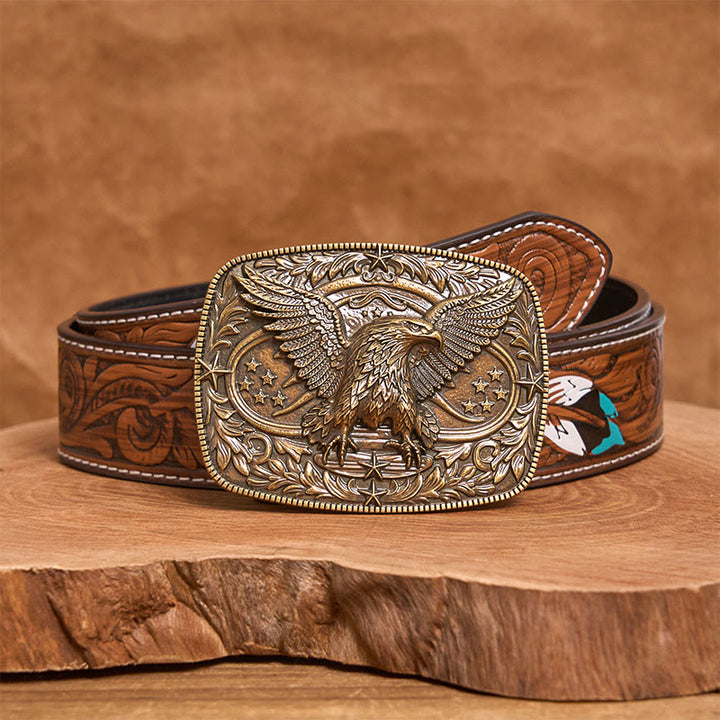 Cinturón de cuero con hebilla de águila 3D de bronce vintage para hombre - Bronce - Cinturón de plumas marrones - 40 - image 12