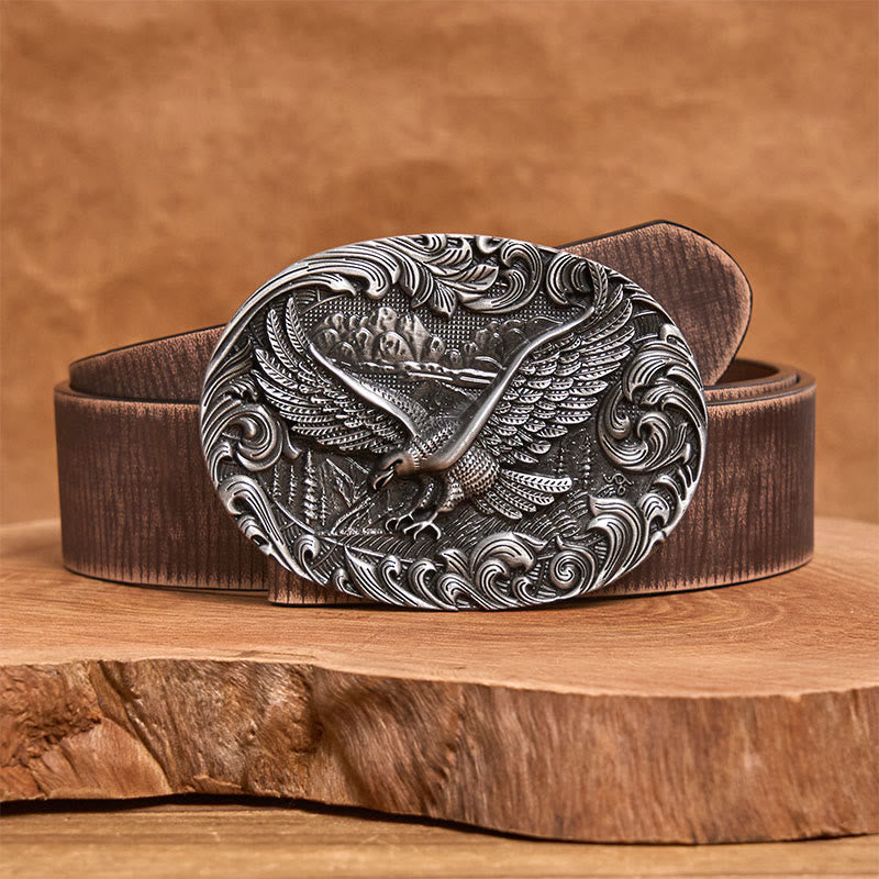 Cinturón de cuero con hebilla en relieve de águila voladora occidental para hombre - Plata - Cinturón marrón desgastado - 42 - image 10