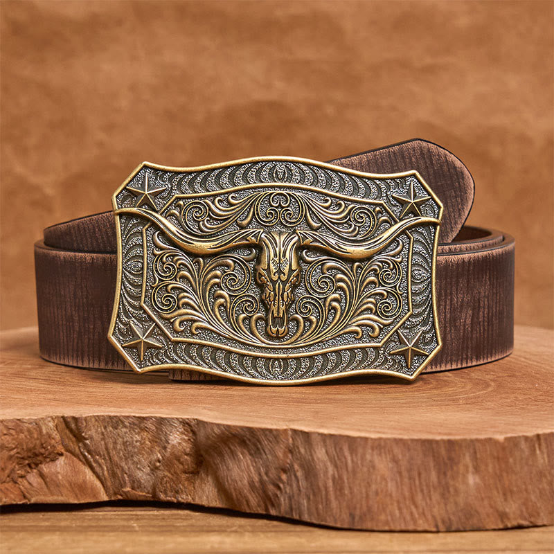 Cinturón de cuero con hebilla ornamentada y calavera de cuernos largos del oeste para hombre - Bronce - Cinturón marrón desgastado - 42 - image 10
