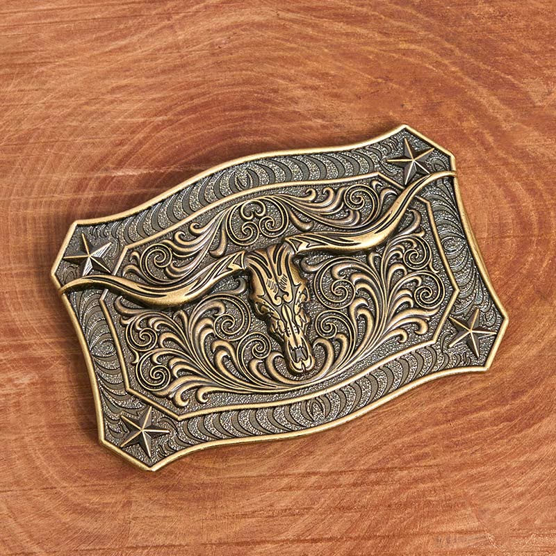 Cinturón de cuero con hebilla ornamentada y calavera de cuernos largos del oeste para hombre - image 1