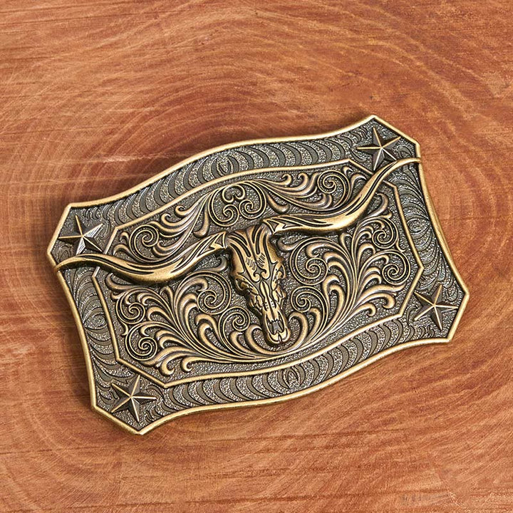 Cinturón de cuero con hebilla ornamentada y calavera de cuernos largos del oeste para hombre - image 1