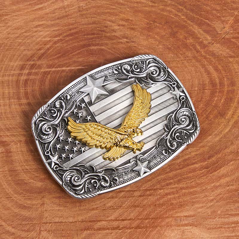 Cinturón de cuero con hebilla de estrellas y bandera estadounidense de águila dorada para hombre - image 1
