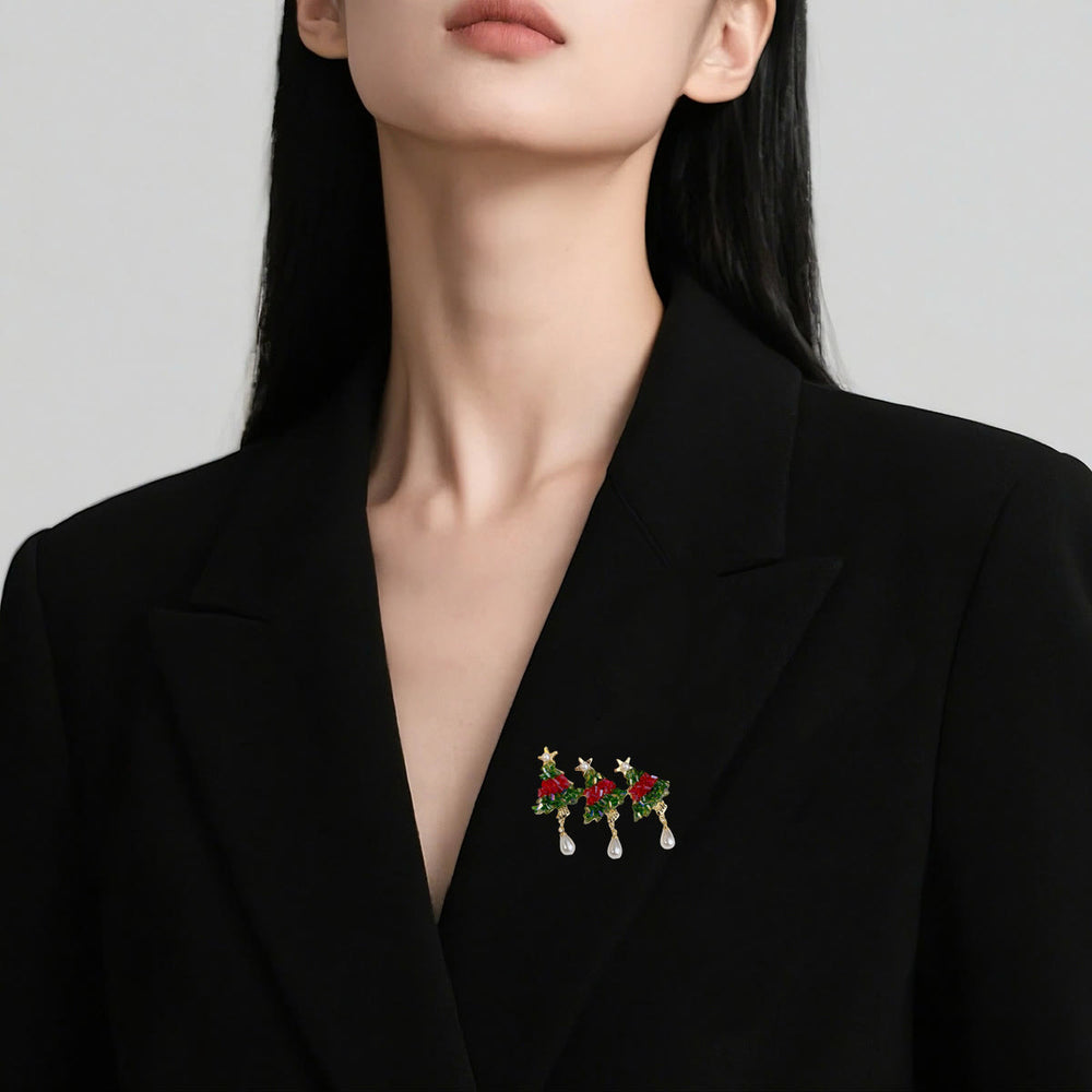 Broche navideño con forma de árbol de Navidad con cuentas y perla - image 1