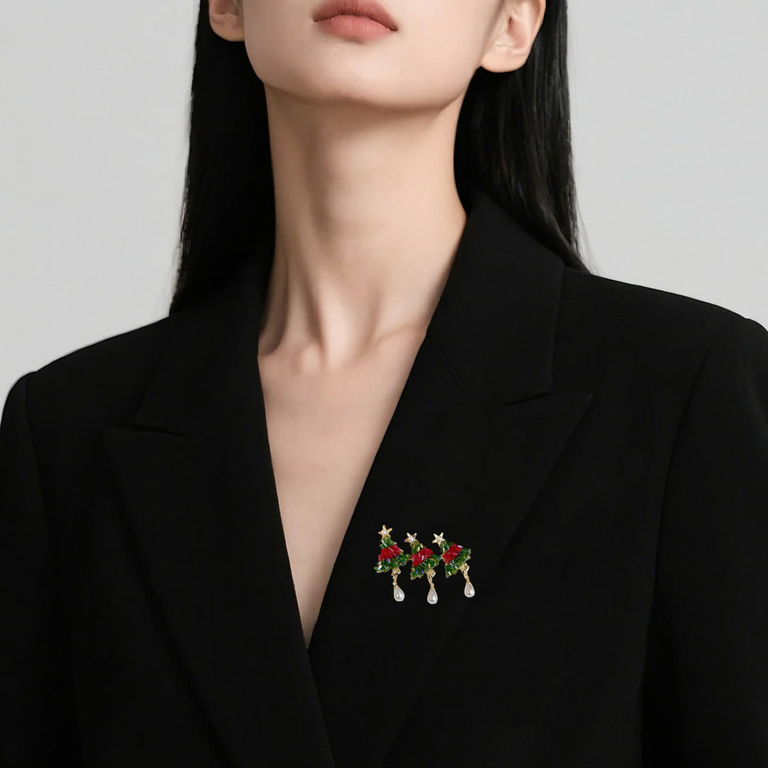 Broche navideño con forma de árbol de Navidad con cuentas y perla - image 1