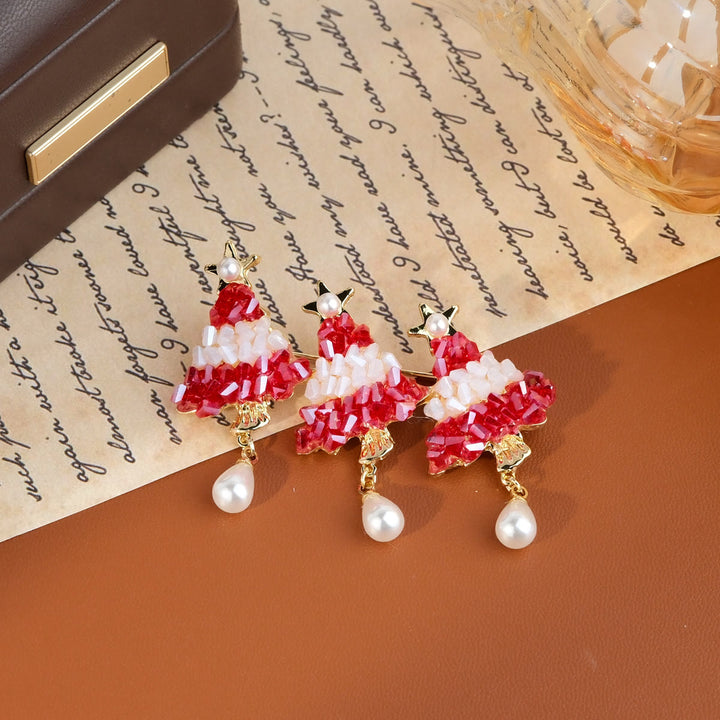 Broche navideño con forma de árbol de Navidad con cuentas y perla - Estilo #2 - image 4