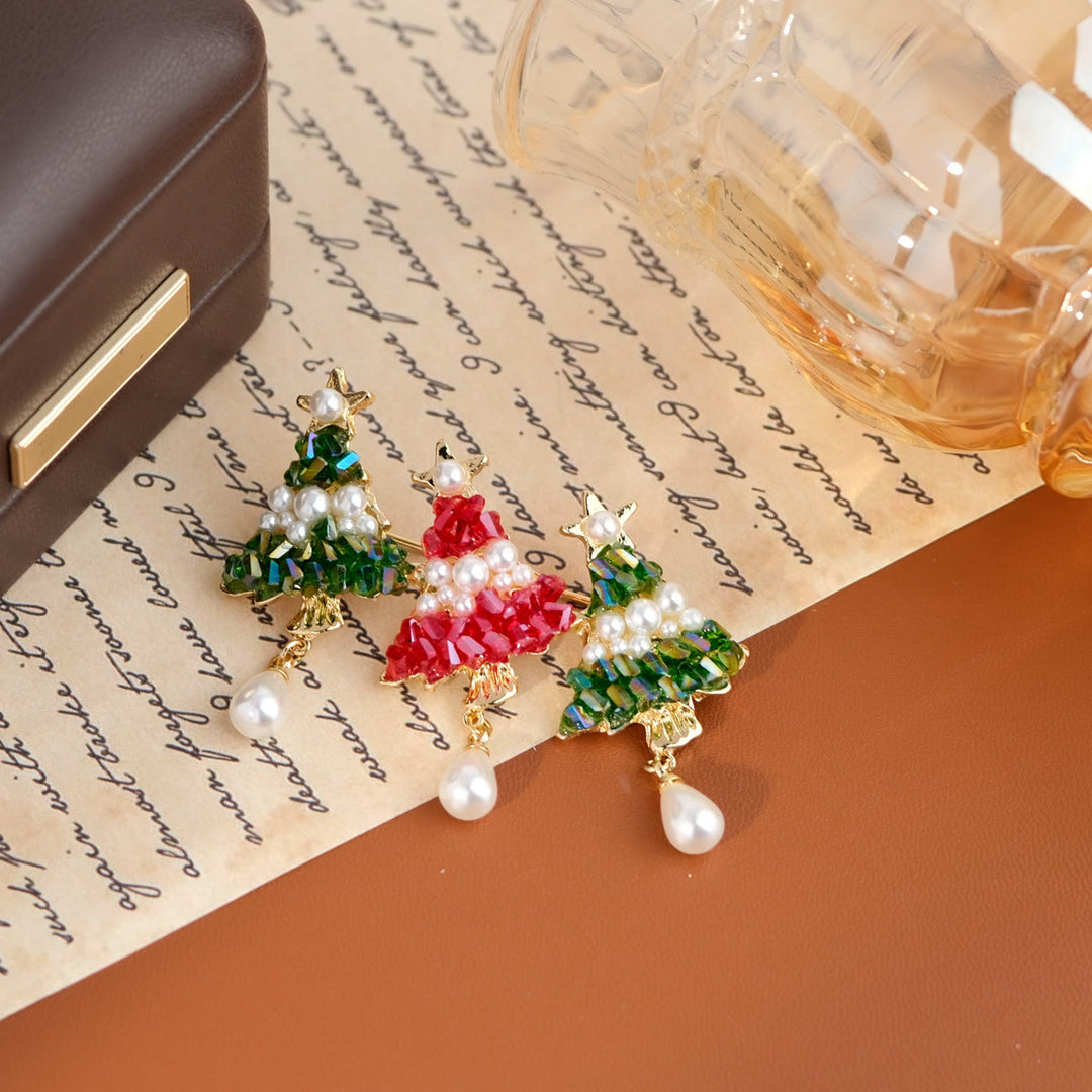 Broche navideño con forma de árbol de Navidad con cuentas y perla - Estilo #3 - image 5