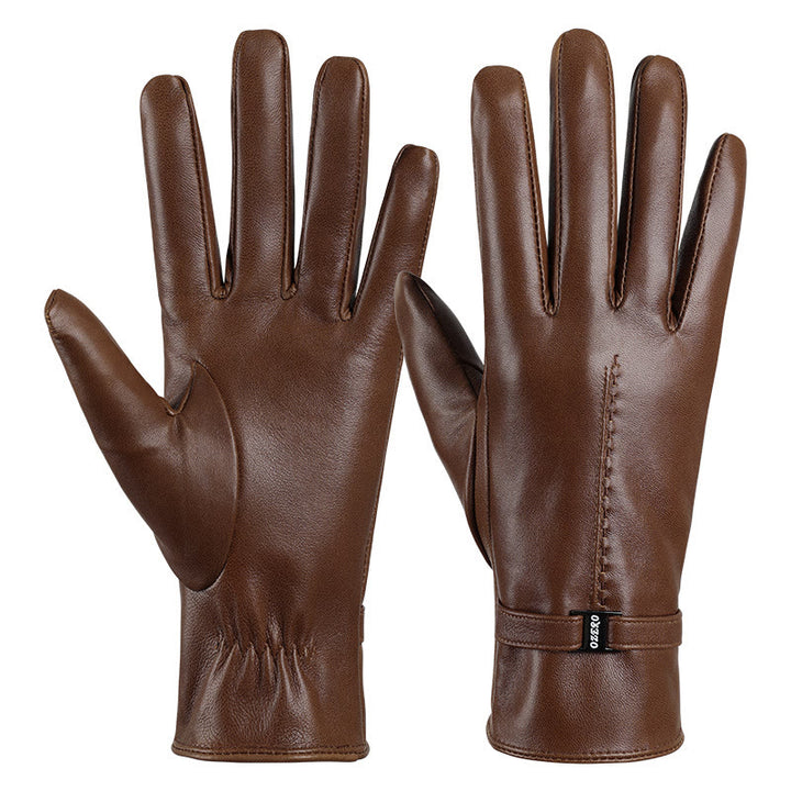Guantes de invierno cálidos de cuero naranja elegantes para mujer - Café - L - image 5