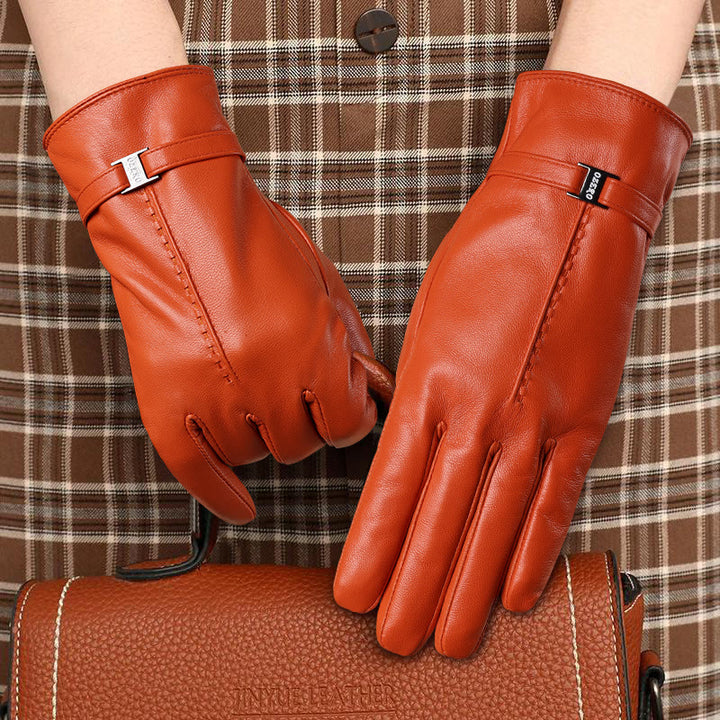 Guantes de invierno cálidos de cuero naranja elegantes para mujer - image 0