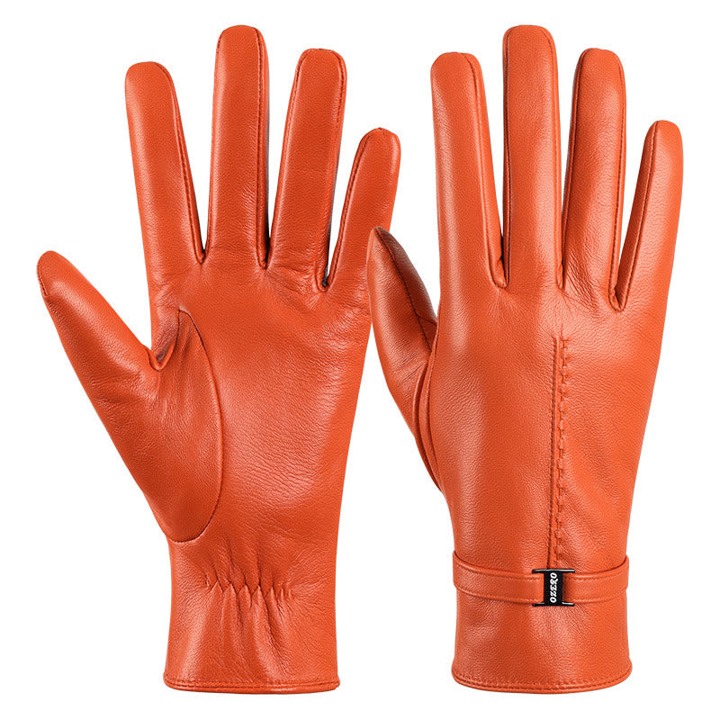 Guantes de invierno cálidos de cuero naranja elegantes para mujer - Naranja - L - image 1