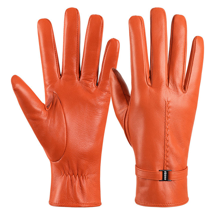 Guantes de invierno cálidos de cuero naranja elegantes para mujer - Naranja - L - image 1