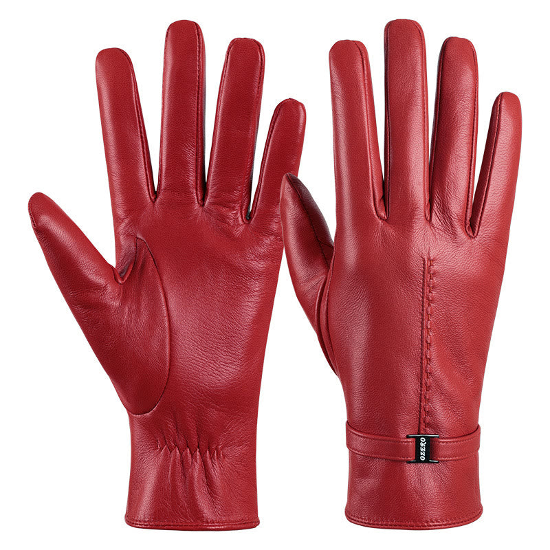 Guantes de invierno cálidos de cuero naranja elegantes para mujer - Rojo - L - image 4
