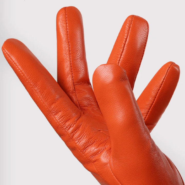 Guantes de invierno cálidos de cuero naranja elegantes para mujer - image 2