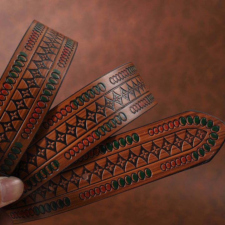 Cinturón de cuero con estampado floral y hebilla retro con gemas rojas y turquesas - image 3