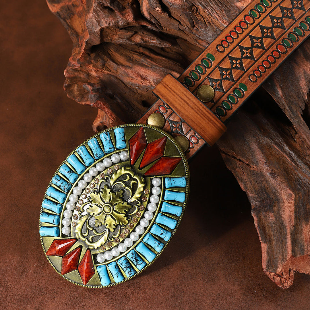 Cinturón de cuero con estampado floral y hebilla retro con gemas rojas y turquesas - image 2