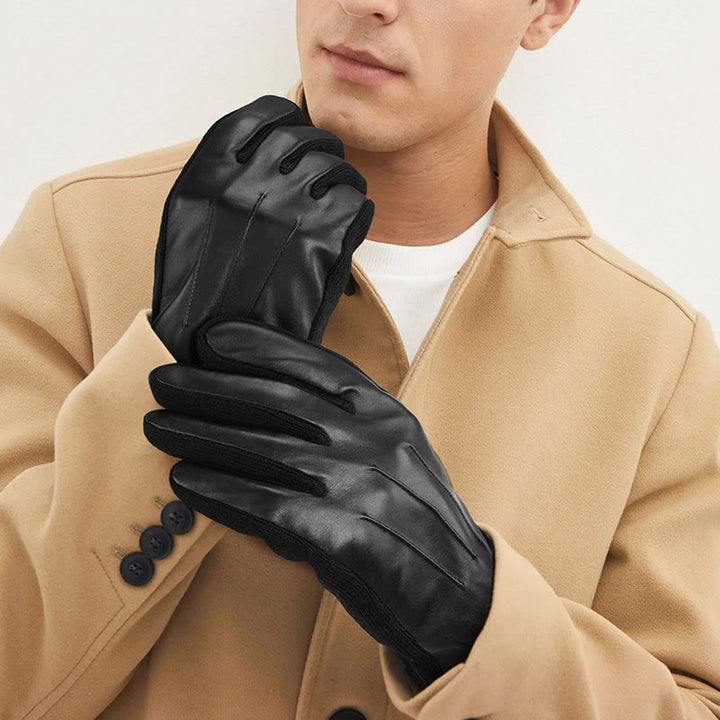 Guantes de invierno de cuero con forro polar para pantalla táctil para hombre - image 0