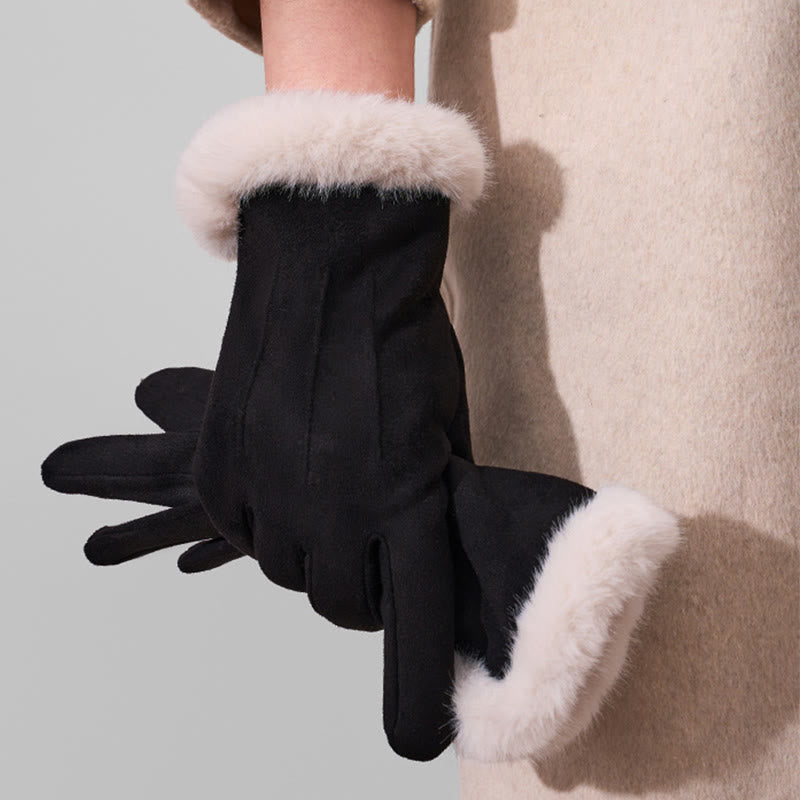 Guantes de invierno cálidos y aterciopelados de gamuza para pantalla táctil para mujer - Negro - image 7