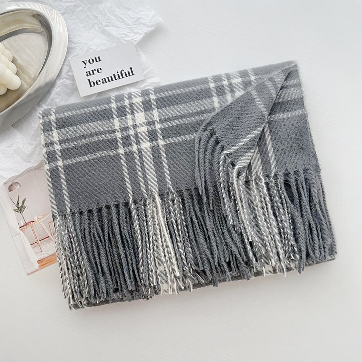 Bufanda chal cálida con flecos a cuadros de invierno para mujer - Gris - image 9