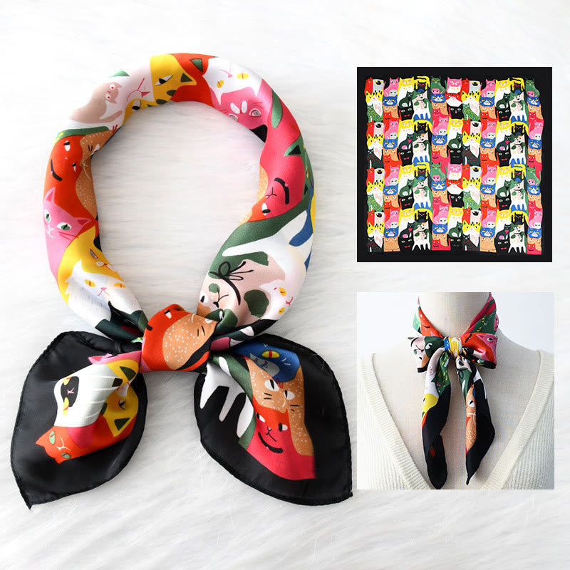 Bufanda cuadrada fina con diseño de gato para mujer para todas las estaciones - Negro - image 3