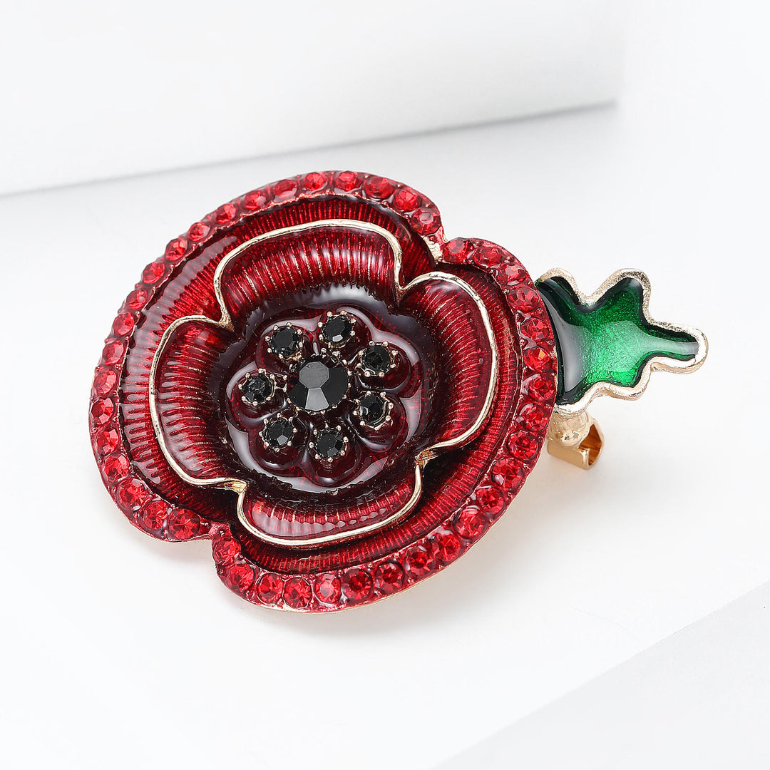 Broche con forma de amapola de cristal rojo y tallo verde con detalles dorados - image 2