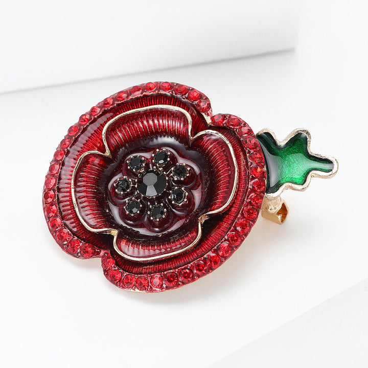 Broche con forma de amapola de cristal rojo y tallo verde con detalles dorados - image 2
