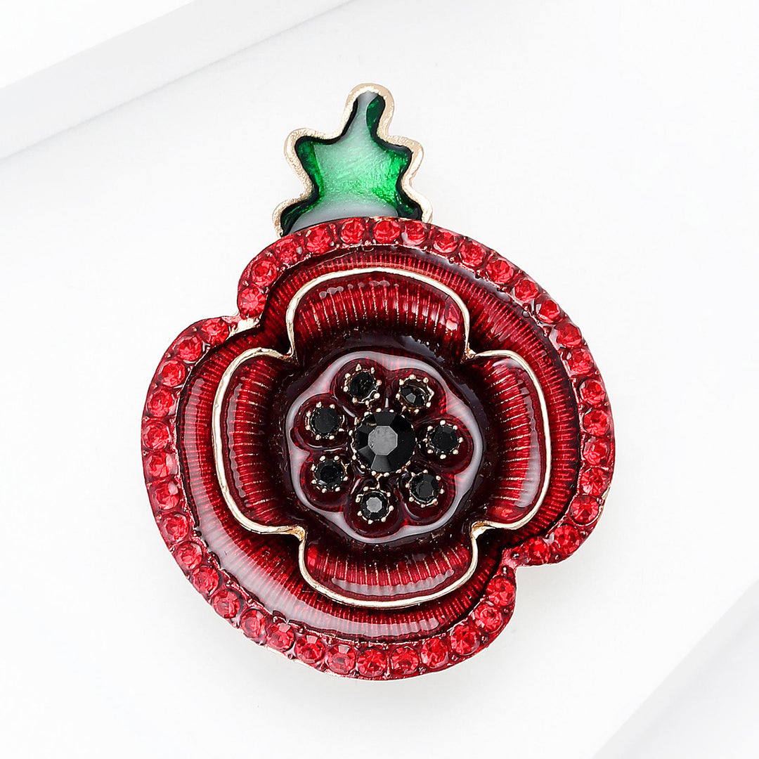 Broche con forma de amapola de cristal rojo y tallo verde con detalles dorados - image 1