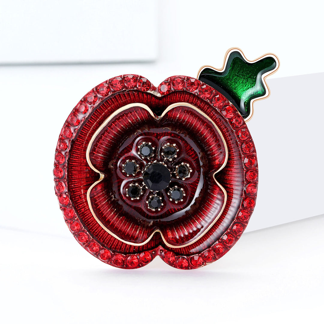 Broche con forma de amapola de cristal rojo y tallo verde con detalles dorados - Rojo - image 0