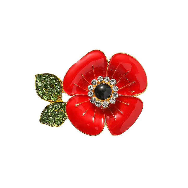 Broche de amapola roja vibrante con pétalos brillantes y hojas adornadas con cristales brillantes y borde dorado. - image 4
