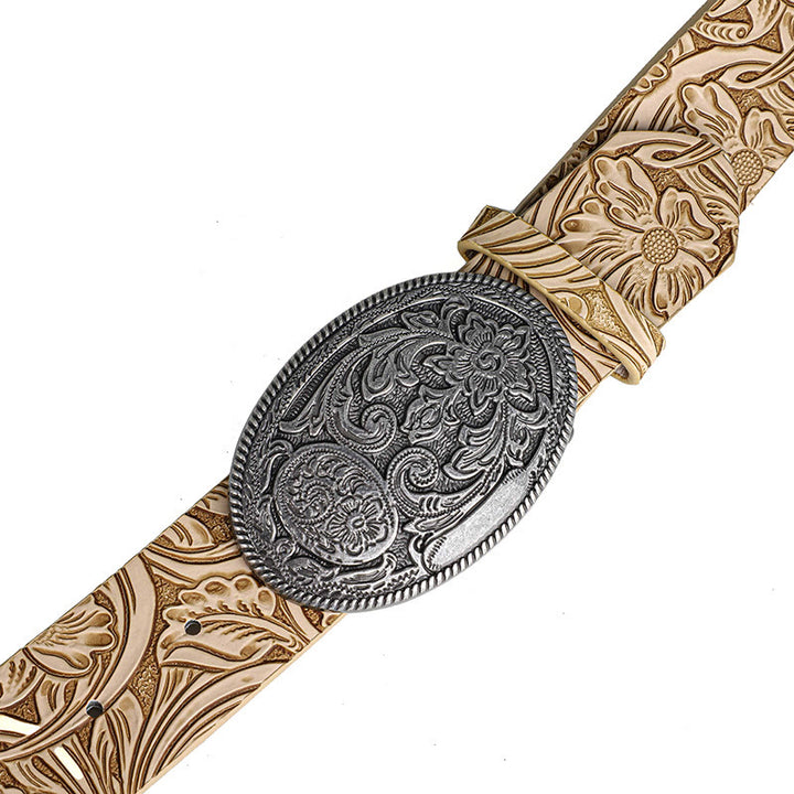 Cinturón de cuero con hebilla ovalada tallada en plata retro para hombre - image 3