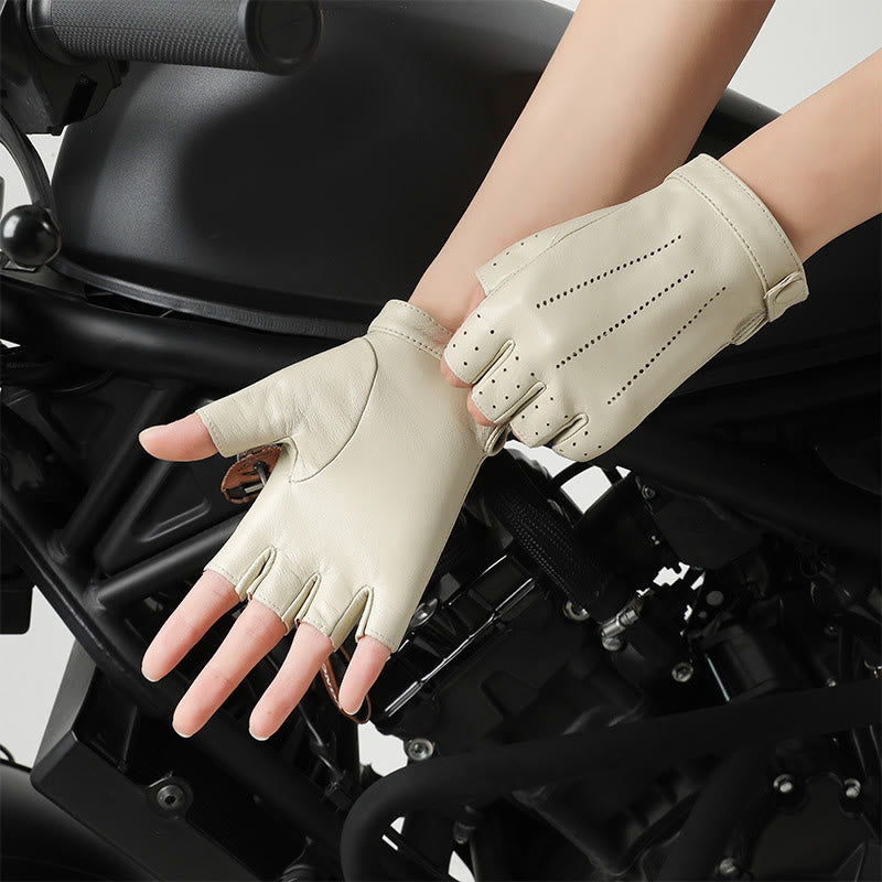 Guantes de ciclismo de medio dedo para mujer, transpirables y protectores de cuero - Beige - SG - image 7