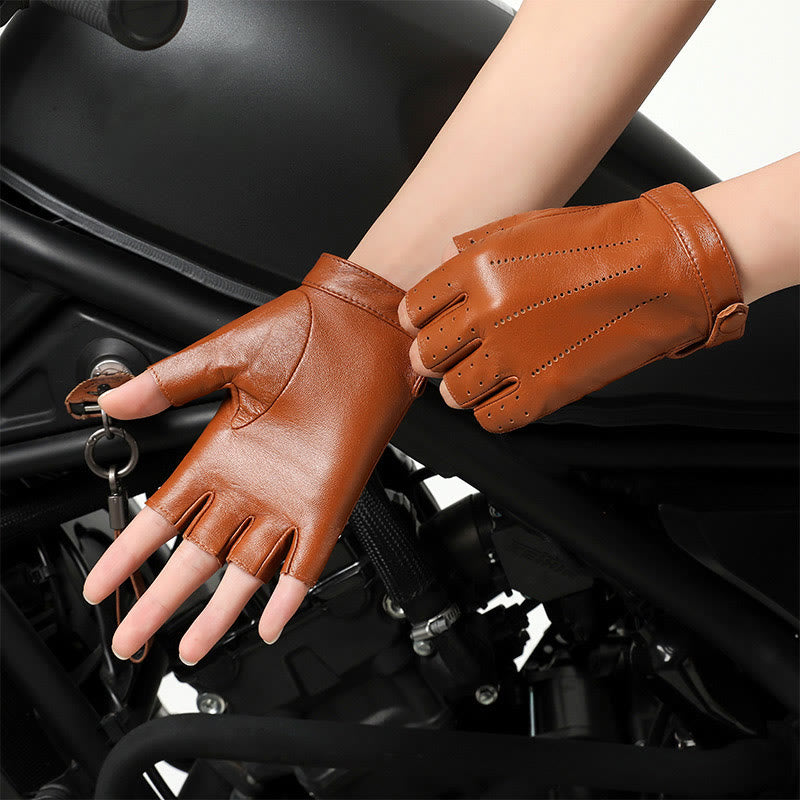 Guantes de ciclismo de medio dedo para mujer, transpirables y protectores de cuero - Camello - SG - image 0