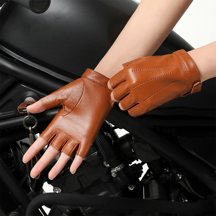 Guantes de ciclismo de medio dedo para mujer, transpirables y protectores de cuero - Camello - SG - image 0