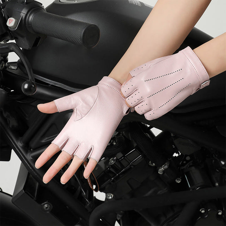 Guantes de ciclismo de medio dedo para mujer, transpirables y protectores de cuero - Rosa - SG - image 5