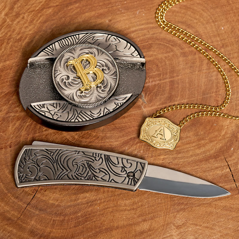 Conjunto de collar dorado con hebilla de cinturón y cuchillo oculto con letra inicial DIY - image 1